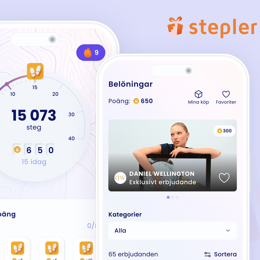 Närbild på mobilgränssnittet från Stepler-appen som visar antal steg och intjänade poäng, med belöningsalternativ synliga. En tydlig och användarvänlig design för att motivera till rörelse – ett exempel på hur digitala innovationer kan kombineras med incitament för att skapa hållbara vanor.