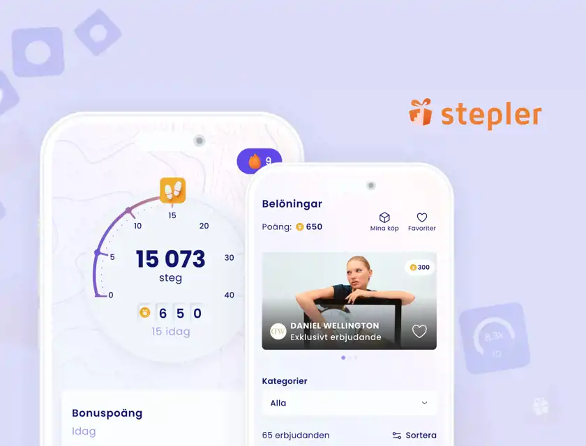 Närbild på mobilgränssnittet från Stepler-appen som visar antal steg och intjänade poäng, med belöningsalternativ synliga. En tydlig och användarvänlig design för att motivera till rörelse – ett exempel på hur digitala innovationer kan kombineras med incitament för att skapa hållbara vanor.