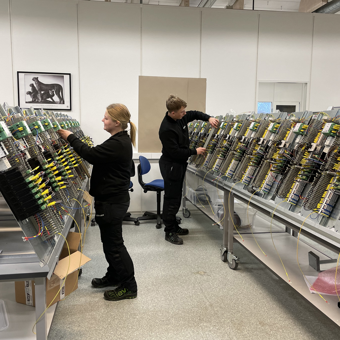 Två medarbetare arbetar fokuserat med att montera och koppla kablage i en rad elskåp på ett tekniskt produktionsgolv. Rummet är ljust och organiserat med moderna arbetsstationer.