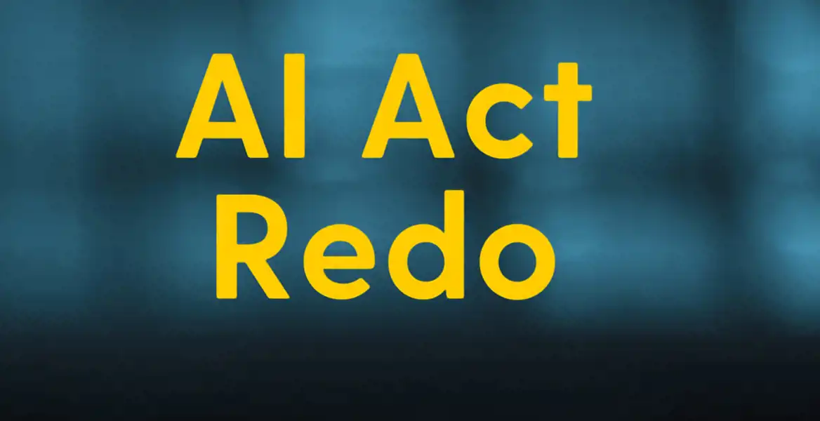 En bild med blåtonad bakgrund och gul text som säger "AI Act Redo". Bilden används för att visa att materialet eller verksamheten är förberedd för att följa kraven i EU:s AI-förordning.