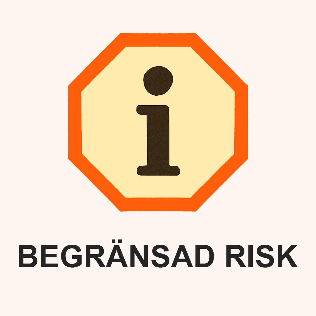 AI-genererad illustration av AI-förordningens risknivåer: orange åttakantad ramkant med ett informationssymbol (”i”) i mitten och texten "BEGRÄNSAD RISK" under.