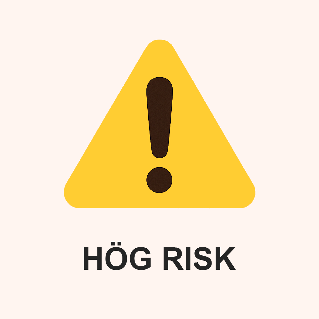 AI-genererad illustration av AI-förordningens risknivåer: gul varningstriangel med svart utropstecken som visar "hög risk", med texten "HÖG RISK" under.