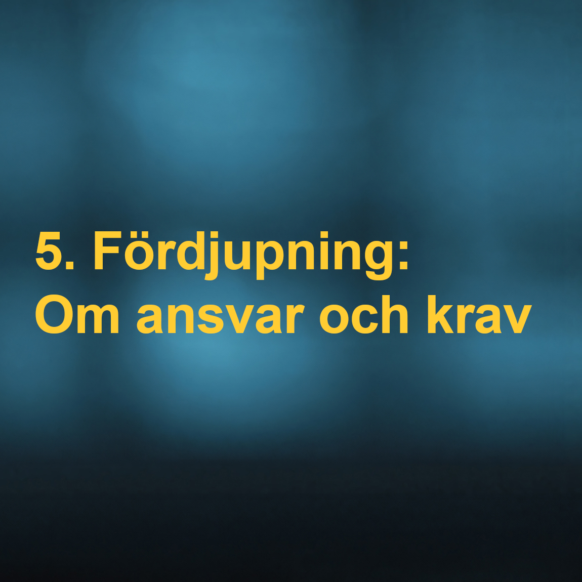 En bild med blåtonad bakgrund och gul text som säger "5. Fördjupning: Om ansvar och krav". Bilden används för att inleda en fördjupning om ansvarsfördelning och krav på aktörer enligt AI-förordningen, exempelvis utvecklare, leverantörer och användare av AI-system.