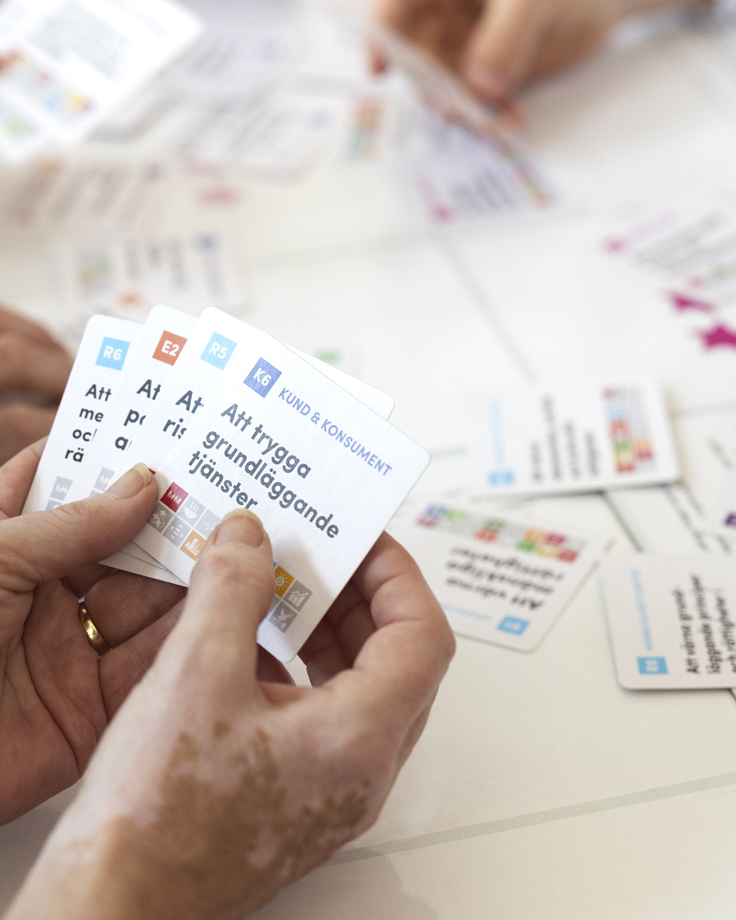 Flera personer spelar ett kortspel med fokus på hållbar utveckling. På korten syns olika mål och principer, som till exempel "Att trygga grundläggande tjänster", och korten är märkta med symboler för hållbarhetsmål.