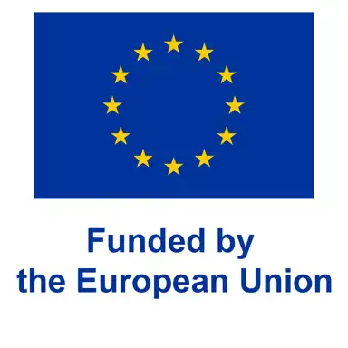Blue rectangular EU flag with twelve yellow stars in a circle, placed above the text “Funded by the European Union” in blue, set against a white background.