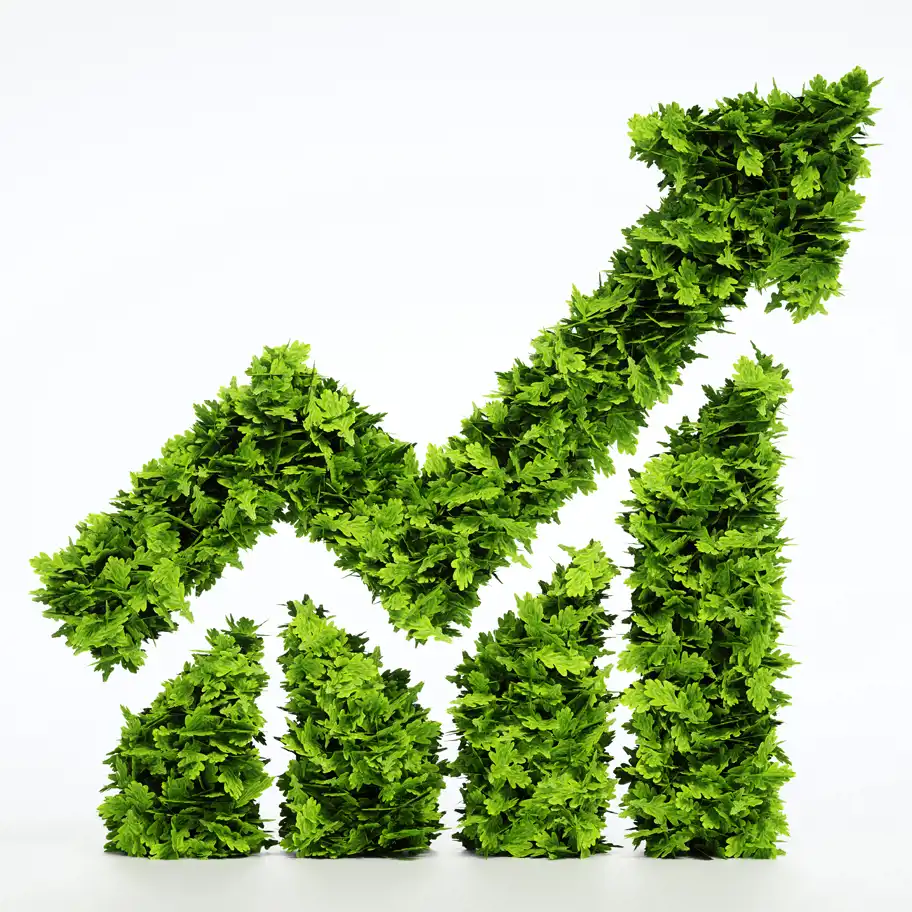 Grön växande stapelgraf av blad – symbol för hållbar tillväxt med hjälp av Almis tillväxtlån.