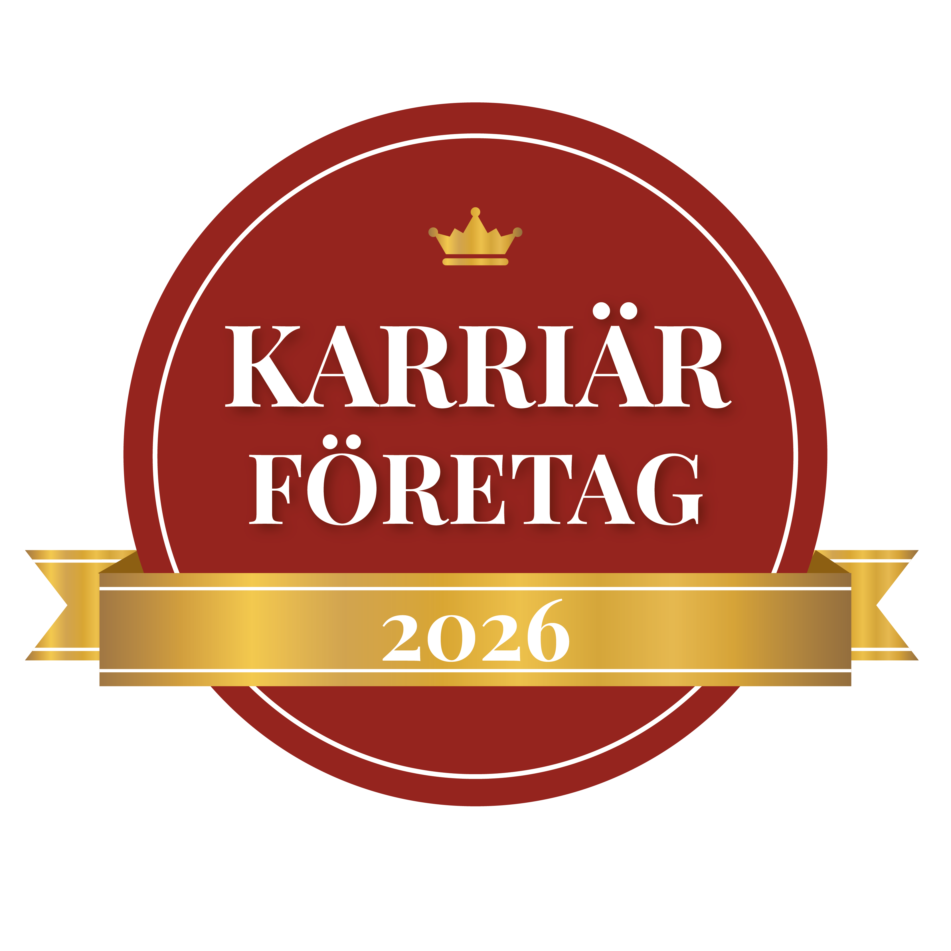 Runt märke i mörkrött med en gyllene krona överst och texten ”Karriärföretag 2026” i vitt. En gyllene banderoll löper horisontellt över nedre delen av märket med årtalet 2026 i mitten.