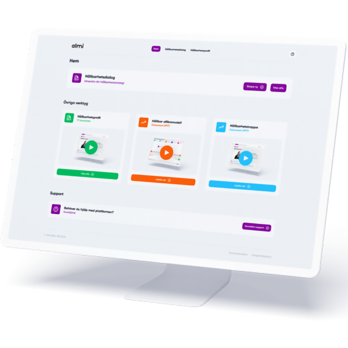 En datorskärm som visar Almis digitala verktyg för hållbarhetsarbete, med olika moduler och färgmarkerade knappar för att starta eller läsa mer om varje verktyg.