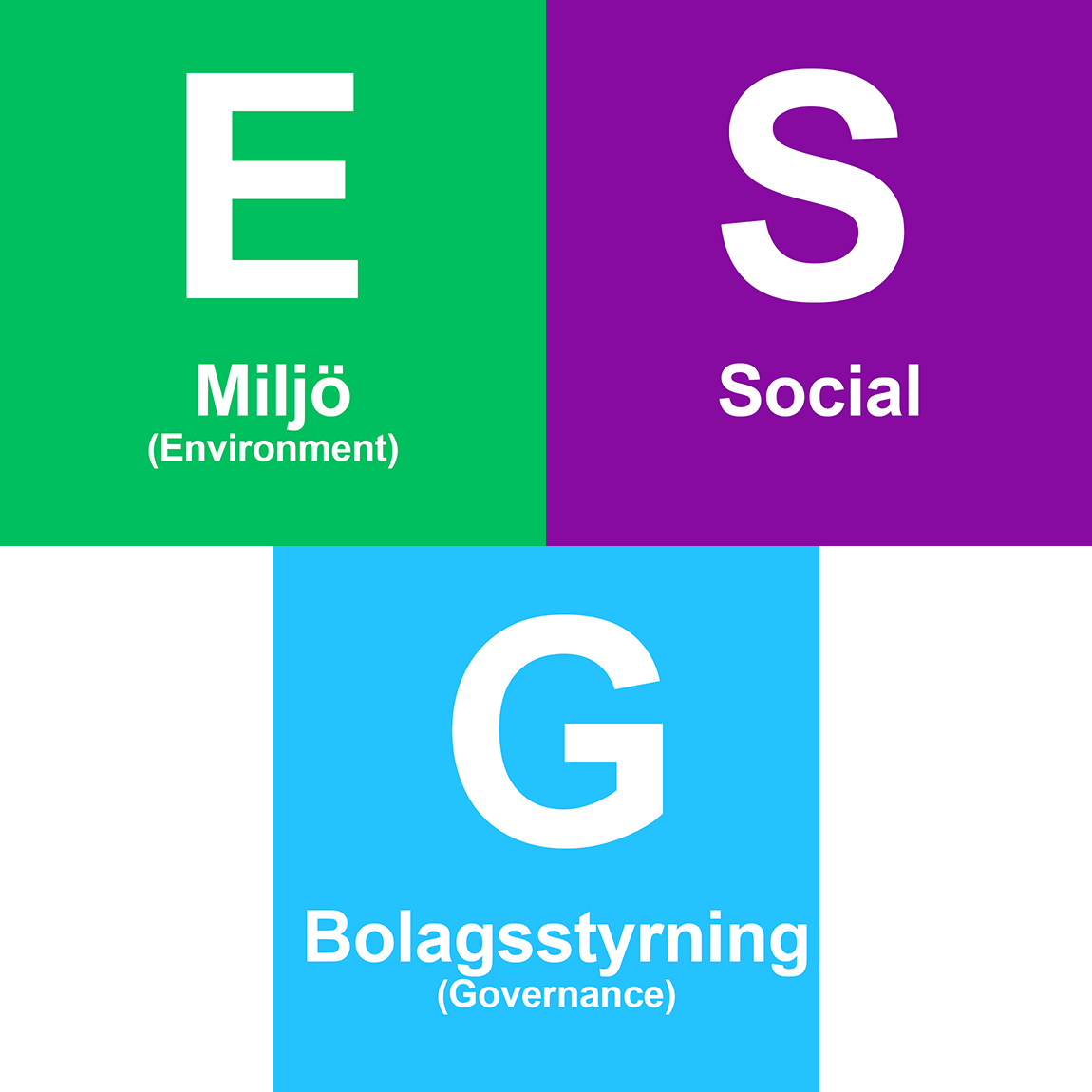 En grafisk illustration av ESG-konceptet uppdelat i tre färgade rutor. Den gröna rutan innehåller bokstaven "E" och texten "Miljö (Environment)". Den lila rutan har bokstaven "S" och texten "Social". Den blå rutan visar bokstaven "G" och texten "Bolagsstyrning (Governance)".