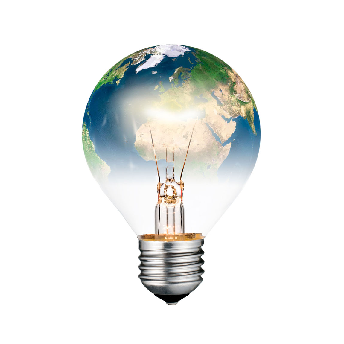 En glödlampa där glaskupan har formen av jordklotet, med en tydlig vy över Europa, Afrika och delar av Asien. Bilden symboliserar hållbar innovation, globalt ansvar och energieffektivitet.