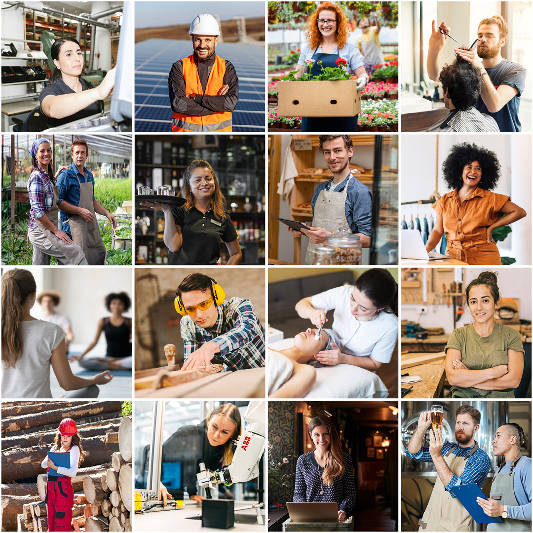 Kollage med 16 bilder på företagare från olika branscher