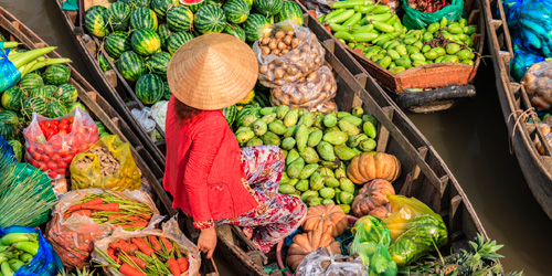 Kvinna säljer frukt på Mekong River delta i Vietnam