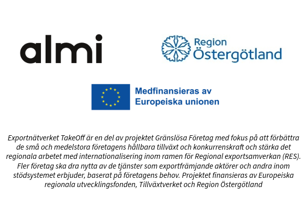 Logotyper Almi, Region Östergötland, EU samt text om projektet som finansierar.