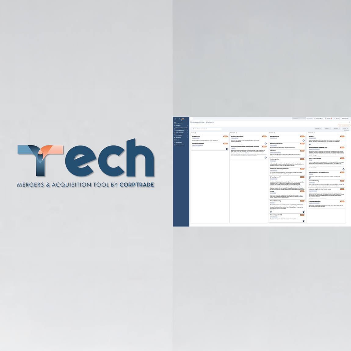 Logotyp för ”Tech – Mergers & Acquisition Tool by CorpTrade” till vänster, i blå och orange ton. Till höger visas ett gränssnitt från verktyget med en digital arbetsyta i kolumner som innehåller uppgifter och kommunikation, sannolikt relaterat till företagsförvärv.