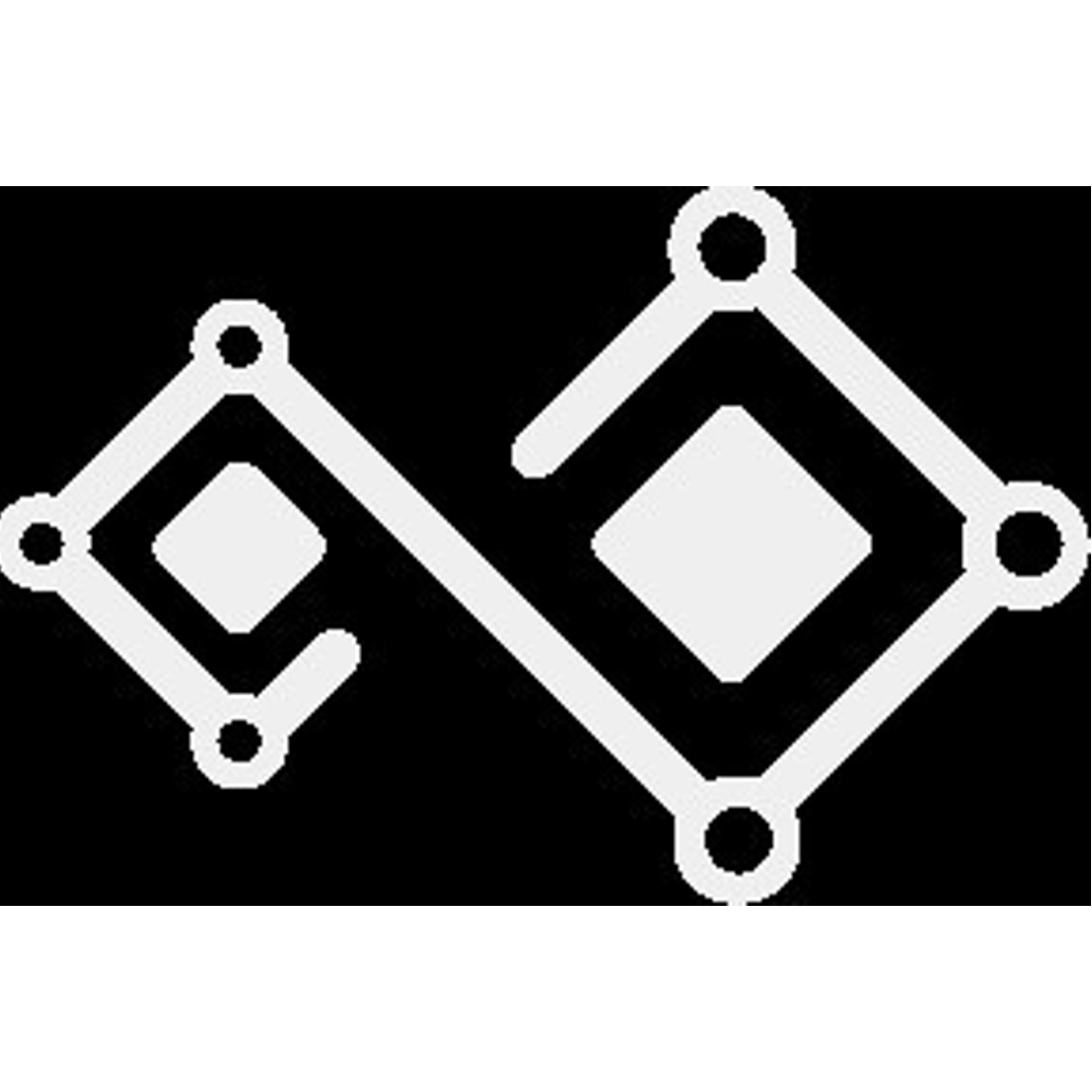 Logotyp för InfiniNode. Den består av två stiliserade diamanter förbundna med linjer och cirklar som påminner om ett nätverk eller kretskort, i ljusgrå färg mot svart bakgrund. Formen antyder teknik och innovation.