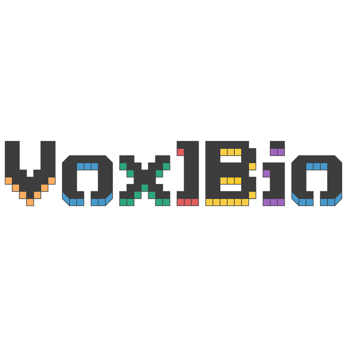 Logotyp med texten "Voxl Bio" i en modern, pixelerad design. Bokstäverna är svarta med färgade kvadrater i blått, grönt, gult, orange, rött och lila, vilket ger ett teknologiskt och innovativt intryck.