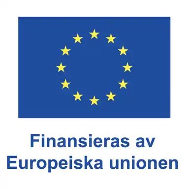 Blå rektangulär EU-flagga med tolv gula stjärnor i en cirkel, placerad ovanför texten "Finansieras av Europeiska unionen" i blått, mot en vit bakgrund.